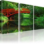 Brücke Fluss Natur Bild auf Leinwand 3-Teilig: 165x100 cm | Grün
