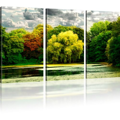 Park Herbst See Landschaft Wandbild auf Leinwand 3-Teilig: 135x80 cm | Mehrfarbig